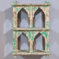 Indian Mehrab Arch Hand Carved Solid Wood Wall Shelf Rustic Green 42X17X62 Cm