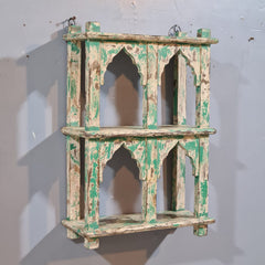 Indian Mehrab Arch Hand Carved Solid Wood Wall Shelf Rustic Green 42X17X62 Cm