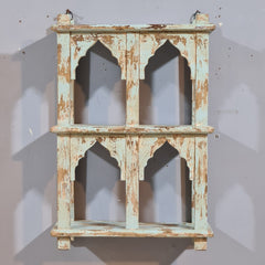 Indian Mehrab Arch Hand Carved Solid Wood Wall Shelf Rustic Blue 42X17X62 Cm