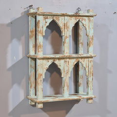 Indian Mehrab Arch Hand Carved Solid Wood Wall Shelf Rustic Blue 42X17X62 Cm