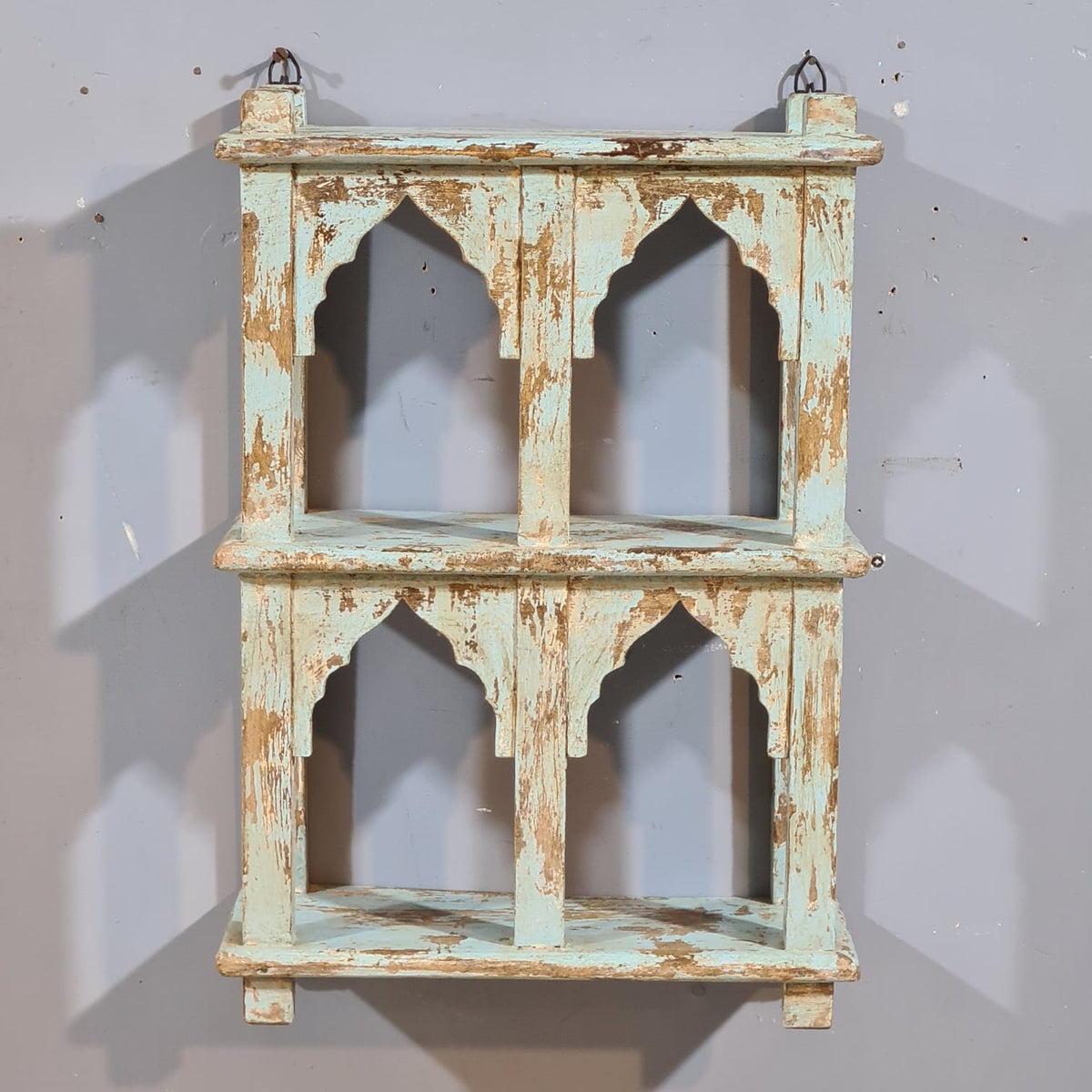 Indian Mehrab Arch Hand Carved Solid Wood Wall Shelf Rustic Blue 42X17X62 Cm