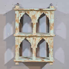 Indian Mehrab Arch Hand Carved Solid Wood Wall Shelf Rustic Blue 42X17X62 Cm