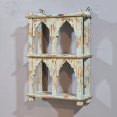 Indian Mehrab Arch Hand Carved Solid Wood Wall Shelf Rustic Blue 42X17X62 Cm