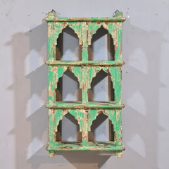 Indian Mehrab Arch Hand Carved Solid Wood Wall Shelf Rustic Green 42X17X78 Cm