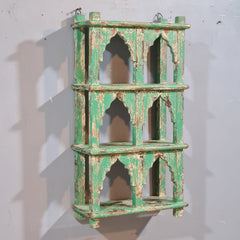 Indian Mehrab Arch Hand Carved Solid Wood Wall Shelf Rustic Green 42X17X78 Cm