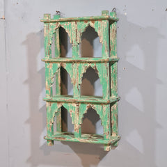 Indian Mehrab Arch Hand Carved Solid Wood Wall Shelf Rustic Green 42X17X78 Cm