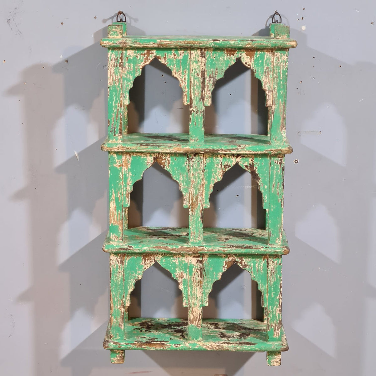 Indian Mehrab Arch Hand Carved Solid Wood Wall Shelf Rustic Green 42X17X78 Cm
