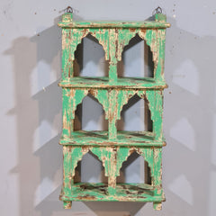 Indian Mehrab Arch Hand Carved Solid Wood Wall Shelf Rustic Green 42X17X78 Cm