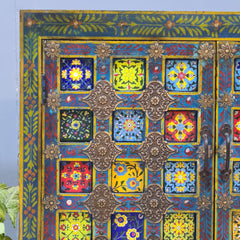 Indian Hand Painted Tile & Brass Work Solid Wood Cabinet 90X40X86 Cm