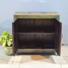 Indian Hand Painted Tile & Brass Work Solid Wood Cabinet 90X40X86 Cm