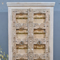 Indian Vintage Hand Carved Old Door Cabinet Wardrobe White 90X45X180 cm