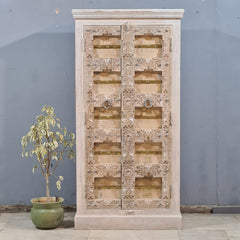 Indian Vintage Hand Carved Old Door Cabinet Wardrobe White 90X45X180 cm