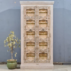 Indian Vintage Hand Carved Old Door Cabinet Wardrobe White 90X45X180 cm