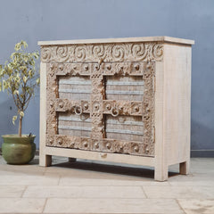 Indian Hand Carved Brass Fitted Solid Wood Cabinet 115X45X100 Cm