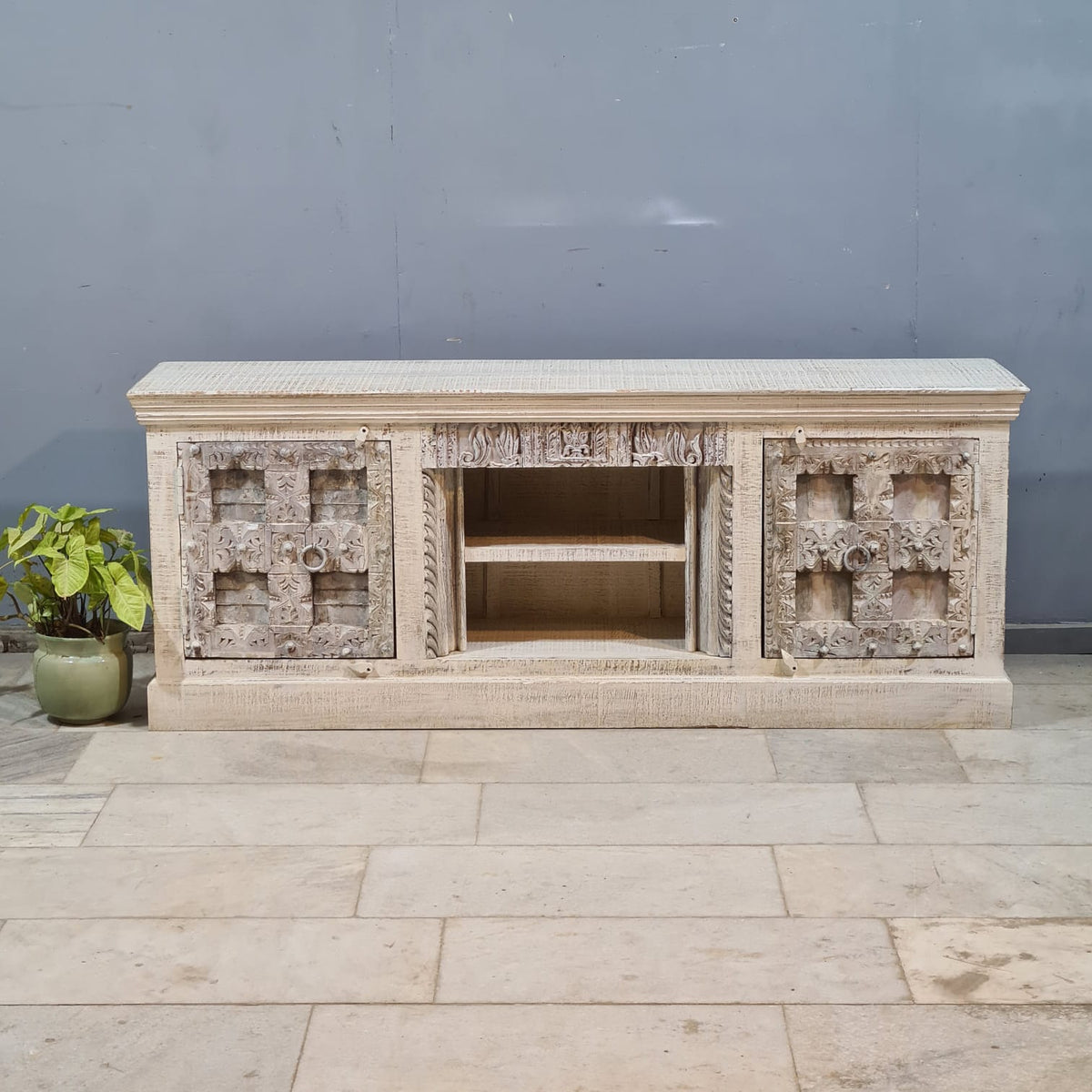 Indian Hand Carved Solid Hard Wood TV Unit 190X45X75 cm