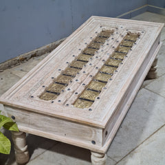 Hand Carved Vintage Door Style Brass Fitted Solid Wood Coffee Table 132X60X45 Cm