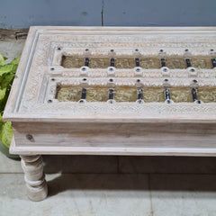 Hand Carved Vintage Door Style Brass Fitted Solid Wood Coffee Table 132X60X45 Cm