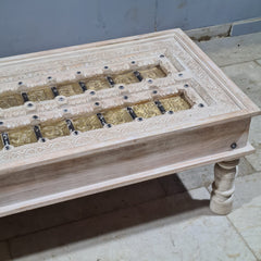 Hand Carved Vintage Door Style Brass Fitted Solid Wood Coffee Table 132X60X45 Cm
