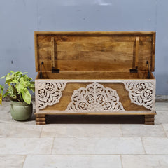 Indian Furniture Hand Carved Solid Wood Blanket Box 117X40X45 cm