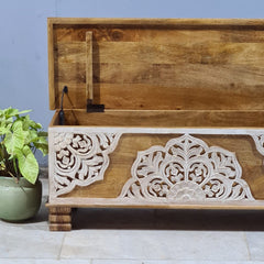 Indian Furniture Hand Carved Solid Wood Blanket Box 117X40X45 cm