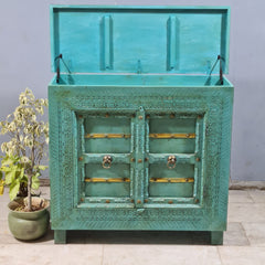 Indian Vintage Hand Carved Solid Wood Bar Cabinet Green 120X45X110 Cm