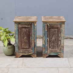 Indian Hand Carved Rustic Solid Wood Bedside Table (Set of 2) 38X35X65 cm