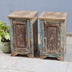 Indian Hand Carved Rustic Solid Wood Bedside Table (Set of 2) 38X35X65 cm