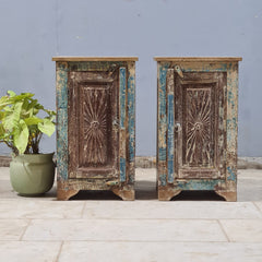 Indian Hand Carved Rustic Solid Wood Bedside Table (Set of 2) 38X35X65 cm