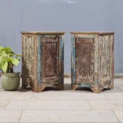 Indian Hand Carved Rustic Solid Wood Bedside Table (Set of 2) 38X35X65 cm