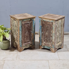 Indian Hand Carved Rustic Solid Wood Bedside Table (Set of 2) 38X35X65 cm