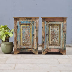 Indian Hand Carved Rustic Solid Wood Bedside Table (Set of 2) 44X34X63 cm