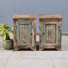Indian Hand Carved Rustic Solid Wood Bedside Table (Set of 2) 44X34X63 cm
