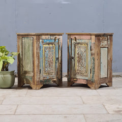 Indian Hand Carved Rustic Solid Wood Bedside Table (Set of 2) 44X34X63 cm
