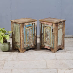 Indian Hand Carved Rustic Solid Wood Bedside Table (Set of 2) 44X34X63 cm