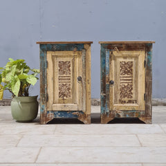 Indian Hand Carved Rustic Solid Wood Bedside Table (Set of 2) 44X35X70 cm