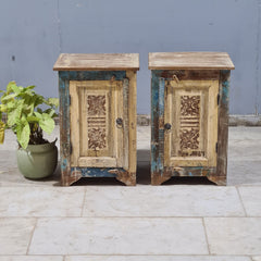 Indian Hand Carved Rustic Solid Wood Bedside Table (Set of 2) 44X35X70 cm
