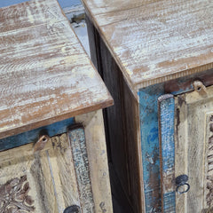 Indian Hand Carved Rustic Solid Wood Bedside Table (Set of 2) 44X35X70 cm