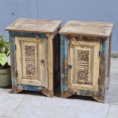 Indian Hand Carved Rustic Solid Wood Bedside Table (Set of 2) 44X35X70 cm