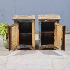Indian Hand Carved Rustic Solid Wood Bedside Table (Set of 2) 44X35X70 cm