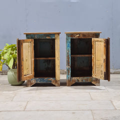 Indian Hand Carved Rustic Solid Wood Bedside Table (Set of 2) 44X35X70 cm