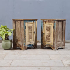 Indian Hand Carved Rustic Solid Wood Bedside Table (Set of 2) 44X35X70 cm