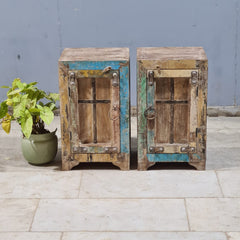 Indian Hand Carved Rustic Solid Wood Bedside Table (Set of 2) 38X34X65 cm