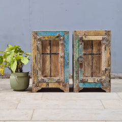 Indian Hand Carved Rustic Solid Wood Bedside Table (Set of 2) 38X34X65 cm