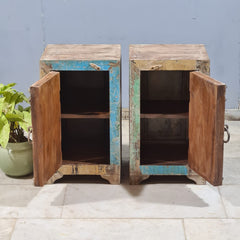 Indian Hand Carved Rustic Solid Wood Bedside Table (Set of 2) 38X34X65 cm