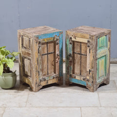 Indian Hand Carved Rustic Solid Wood Bedside Table (Set of 2) 38X34X65 cm