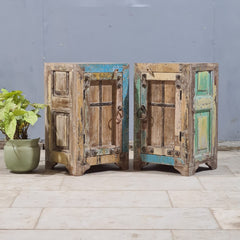 Indian Hand Carved Rustic Solid Wood Bedside Table (Set of 2) 38X34X65 cm