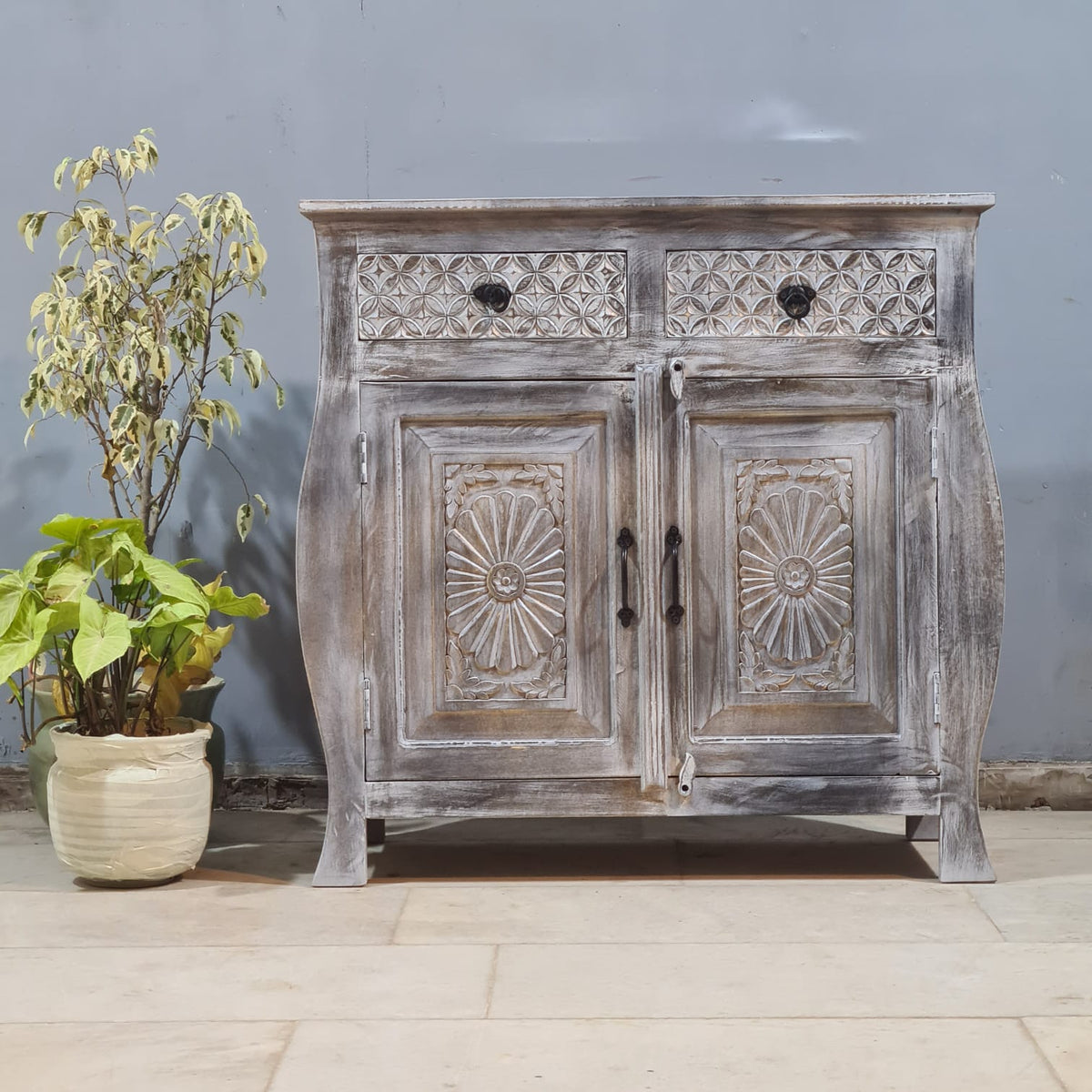 Hand Carved Solid Wood 2 Door Sideboard Greywash 90x40x90 cm