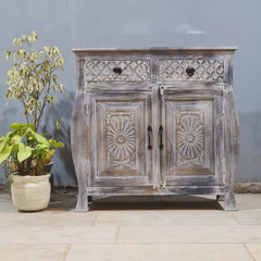Hand Carved Solid Wood 2 Door Sideboard Greywash 90x40x90 cm