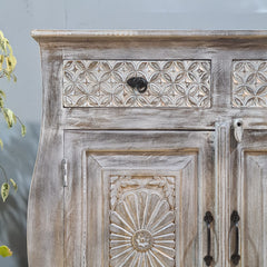 Hand Carved Solid Wood 2 Door Sideboard Greywash 90x40x90 cm