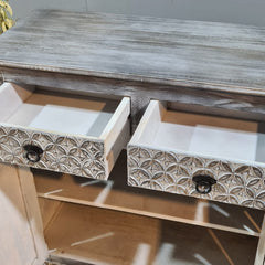 Hand Carved Solid Wood 2 Door Sideboard Greywash 90x40x90 cm